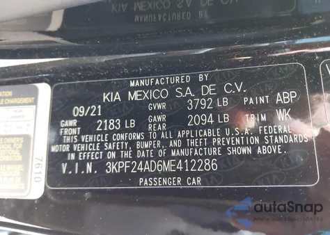 2021 Kia Forte Lxs z USA, uszkodzony, nr VIN 3KPF24AD6ME412286